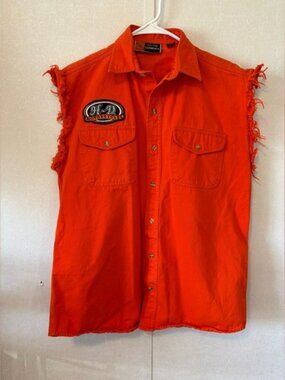 Harley Davidson | Orange Sleeveless Button-Up Shirt with Patch | Size Medium